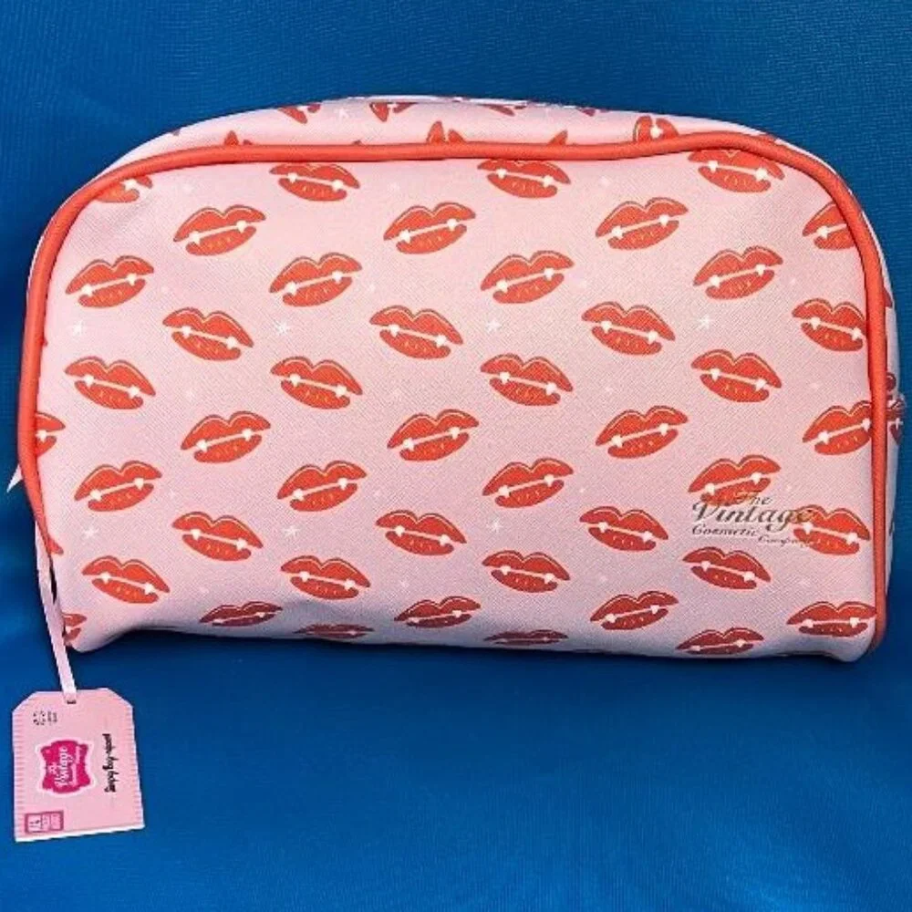 NWT ~ THE VINTAGE COSMETIC CO PINK RED LIP COSMETIC MAKE - UP TRAVEL BAG / CASE